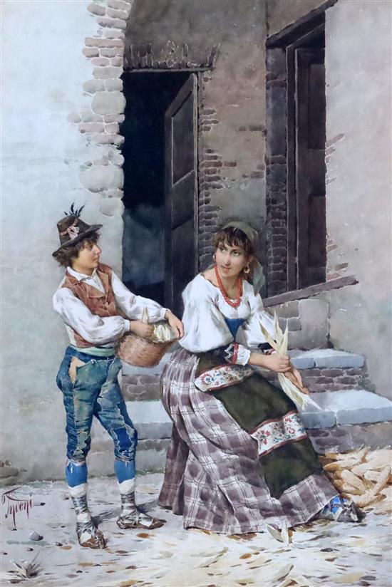 Filippo Indoni (1842-1908) Woman and boy husking corn 21 x 14.75in.